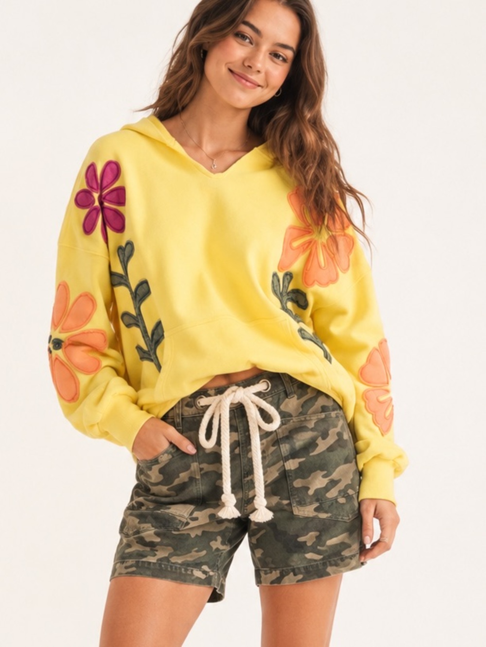 Free People It's a Vibe Large Yellow Floral Hoodie Sweatshirt - Women